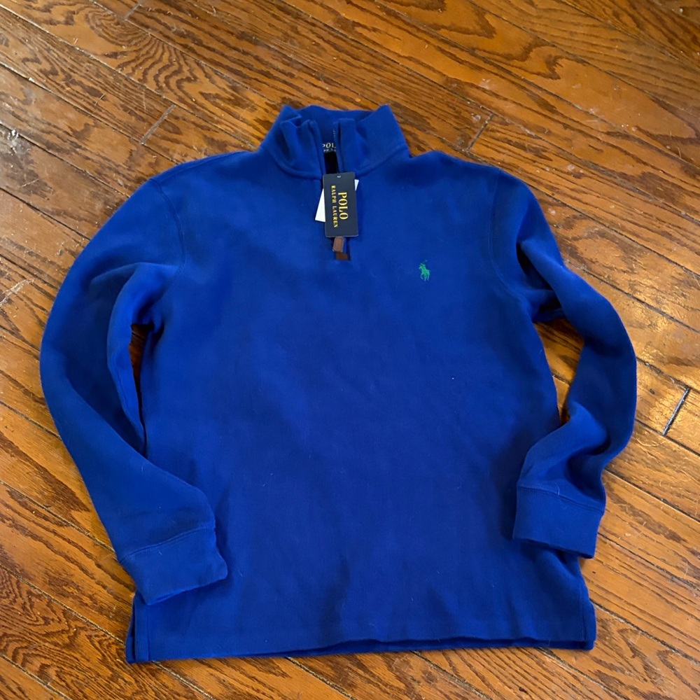 Ralph Lauren Blue Quarter-Zip Sweater with Green Pony